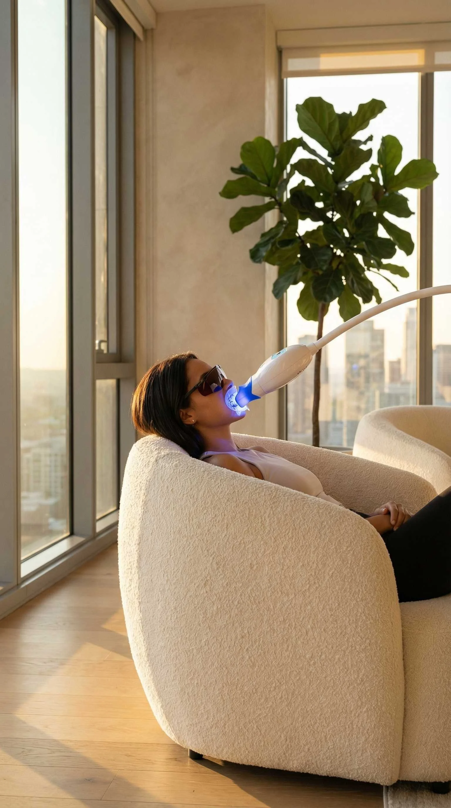 A woman is relaxing on a beige couch in a sunlit modern apartment, getting a facial treatment with a blue light therapy device used in skincare, wearing sunglasses.