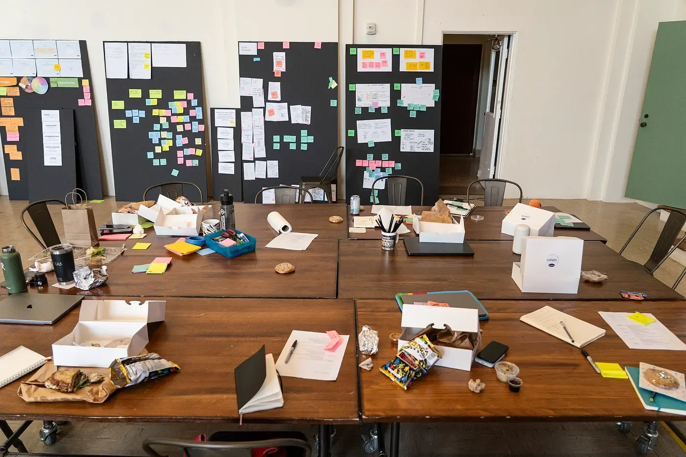 Collaboration table covered in notebooks, notes, laptops.
