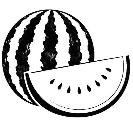 Black and white illustration of a watermelon with a slice cut out.