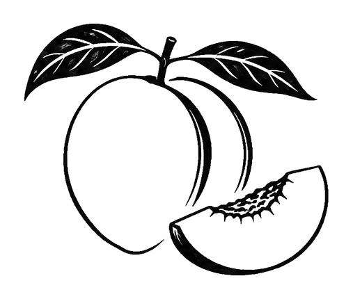 Simple black and white illustration of a peach with two leaves and a peach slice.
