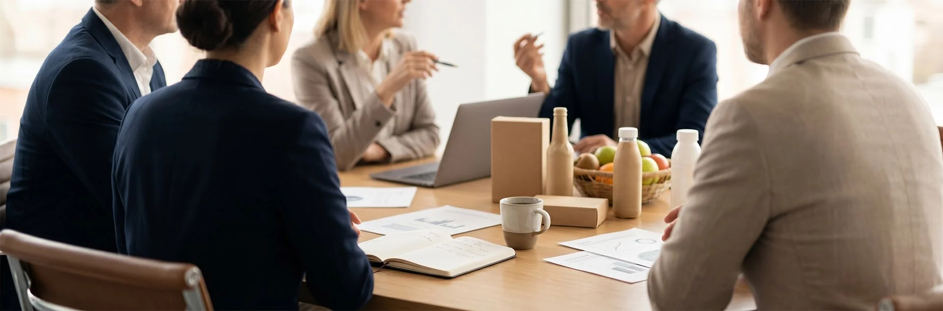 A food and drink business team reviewing category plans and consumer research around a meeting table