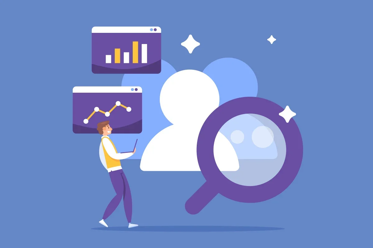 Illustration showing data analysis charts, magnifying glass, and user profile icons representing how Consumer segmentation research UK uncovers audience insights, behaviours, and patterns to guide brand strategy and marketing decisions.