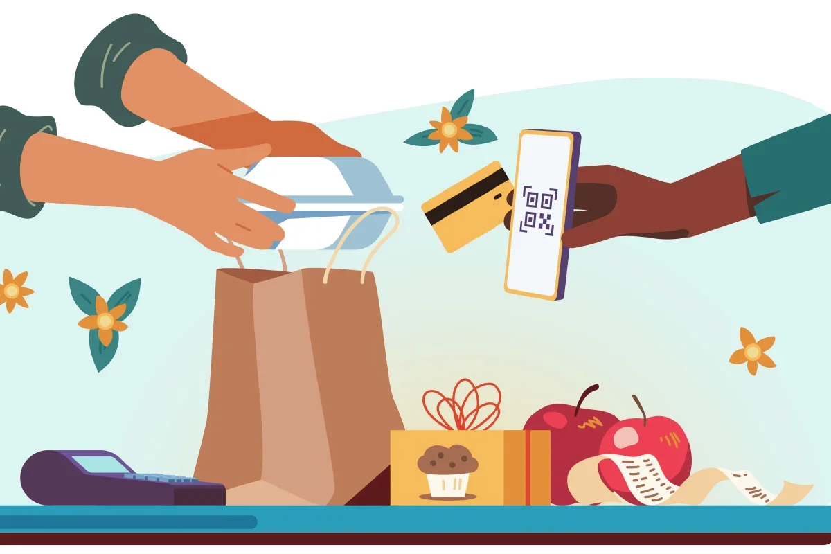 Illustration of a customer making a contactless payment for takeaway food, symbolising how Customer journey research UK explores post-purchase behaviour and loyalty loops to enhance customer retention and satisfaction.