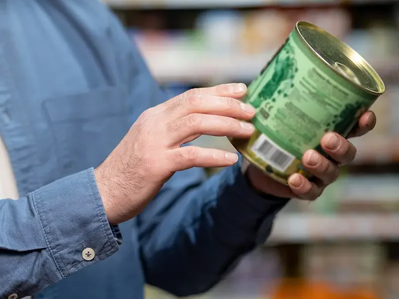 Close-up of a shopper examining the label on a canned product, highlighting how shopper behaviour research uncovers purchase decisions, product comparisons, and consumer insights through shopper behaviour research studies.