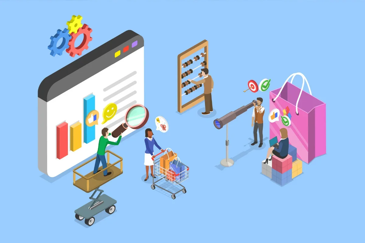 Illustration showing data analysis, shopper insights, and consumer targeting to represent how Consumer segmentation research UK helps brands bring audience segments to life and make data-driven marketing decisions.