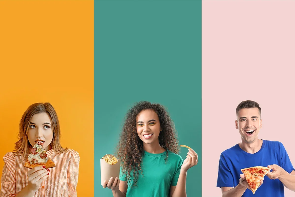 Three diverse consumers enjoying different foods on colourful backgrounds, representing how Consumer segmentation research UK identifies unique audience groups, behaviours, and preferences to inform targeted brand strategies.