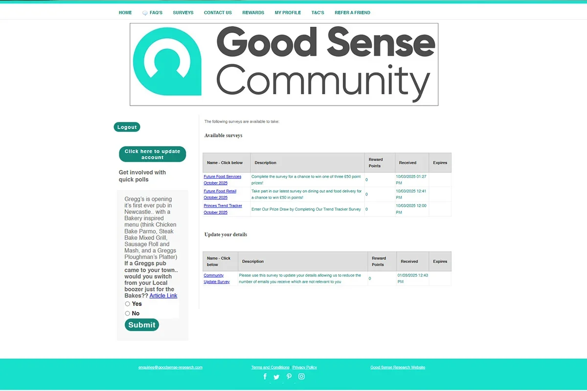Screenshot of the Good Sense Community online survey platform, showing how Consumer Closeness Research UK engages real people through surveys, polls, and feedback tools to deliver authentic consumer insight and participation.