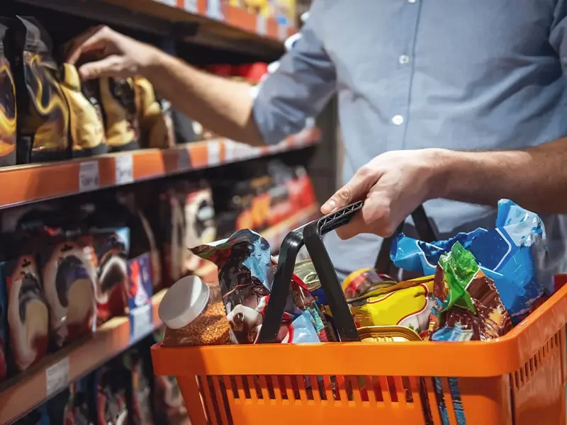 Shopper holding a basket full of groceries while reaching for items on a supermarket shelf, demonstrating how shopper behaviour research analyses purchasing choices, shopping missions, and decision-making through shopper behaviour research.