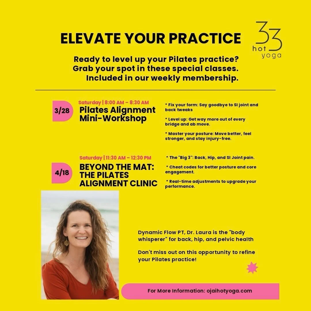 Level up your flow with the pro! 🧘&zwj;♀️✨
Ever feel a pinch in your hips or a twinge in your back during class? It&rsquo;s time to move smarter, not harder.
Join us March 28th @ 8:00 AM for a 30-minute pre-class intensive with the amazing Dr. Laura