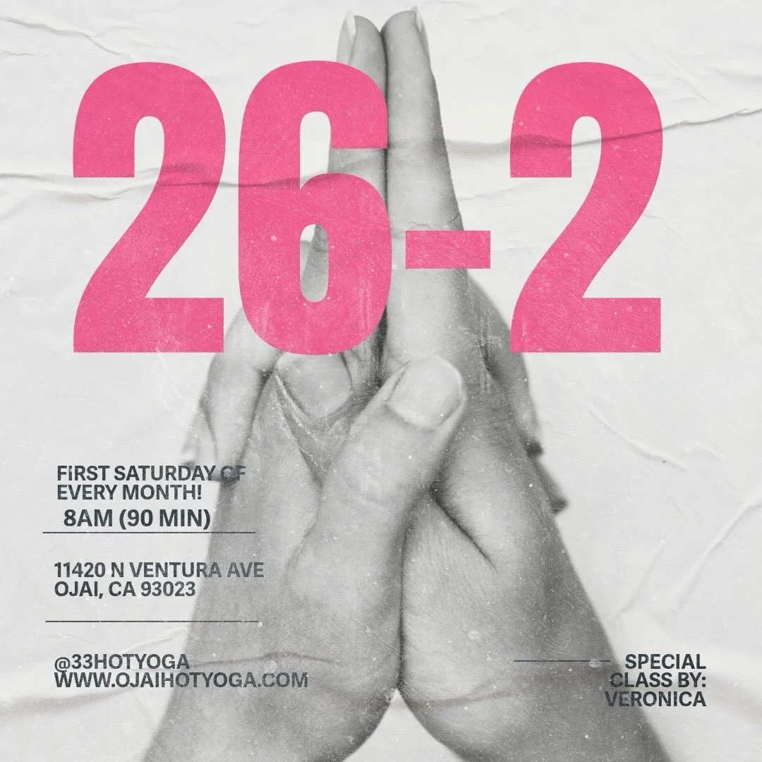 Need a little more calm? Need a little more focus? 🧘✨
Our 90-minute 26&amp;2 practice is BACK!
Join us the first Saturday of every month at 8:00 AM. Come soak yourself in sweat, healing, and complete transformation. 90 minutes. 26 postures. 2 breath