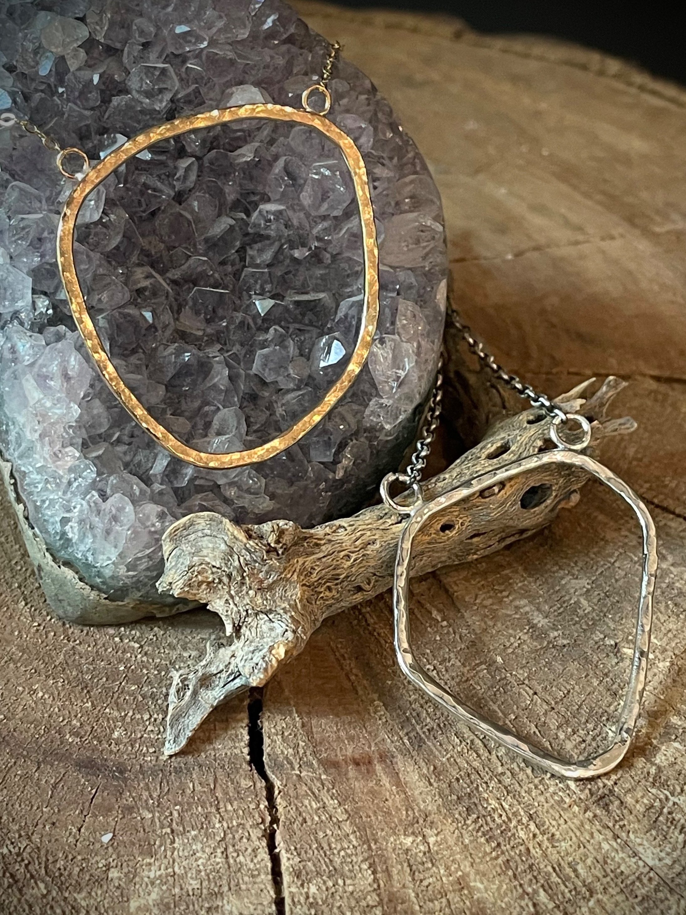 Handmade summer statement necklaces in sterling silver and Merlin’s gold created during a beginner-friendly jewelry workshop