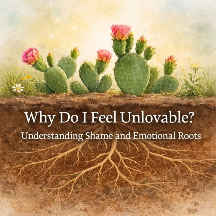 Watercolor illustration of prickly pear cacti with wide, shallow roots spreading beneath the soil, representing hidden emotional roots of shame and feeling unlovable.
