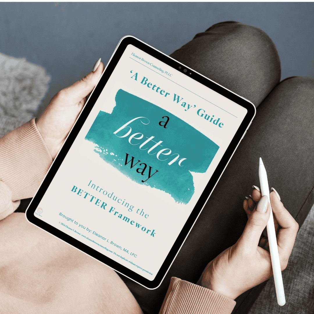 An image of a woman holding a tablet with the A Better Way Guide on it.