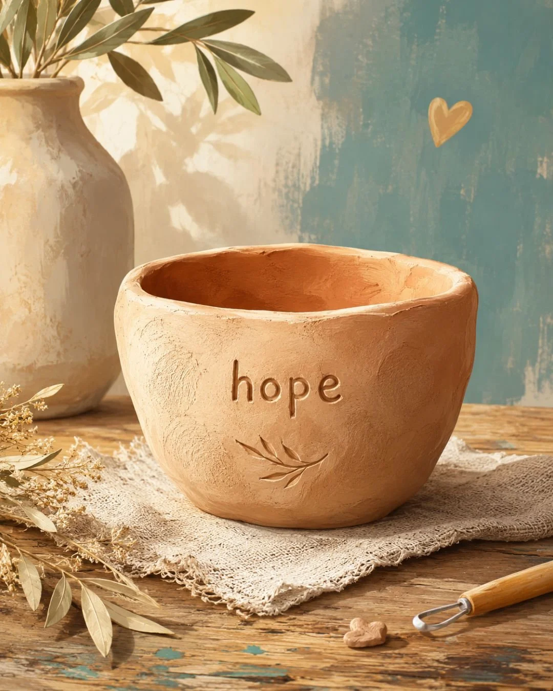 A handmade clay Hope Vessel with the word hope pressed into the clay.