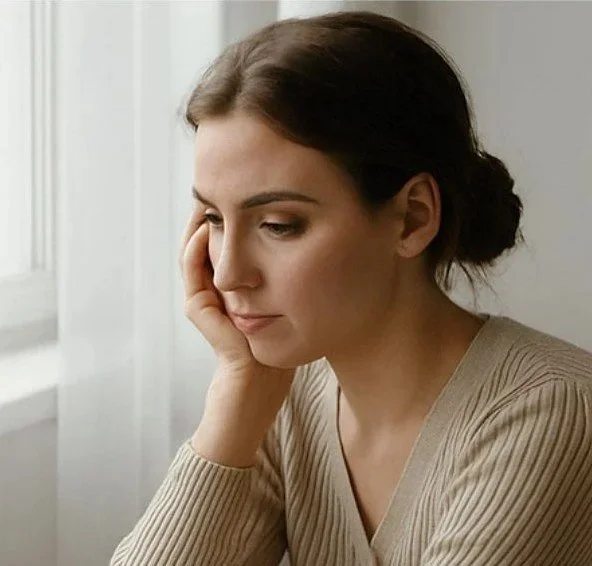 Pensive woman representing clients seeking help for shame and identity wounds with a faith-based trauma therapist in Central Texas.