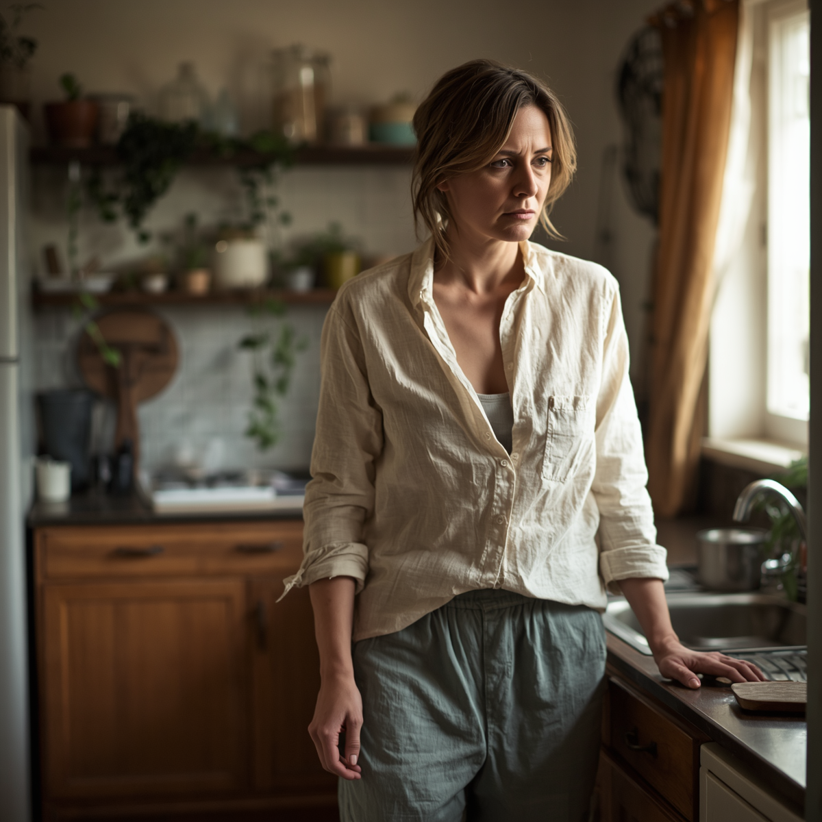Woman pausing in a quiet moment at home, showing the gentle exhaustion of a woman who is tired of being strong