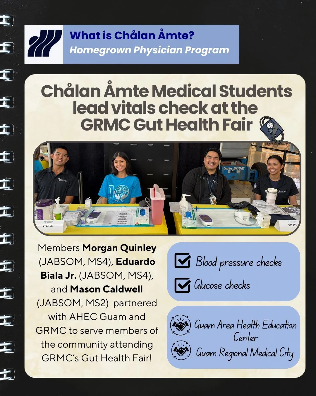 Welcome back to our ✨What is Ch&aring;lan &Aring;mte? Series ✨

On December 13, 2025, Ch&aring;lan &Aring;mte Ambers, Morgan, Ed, and Mason partnered with AHEC Guam and GRMC to provide blood pressure and blood glucose checks to community members atte