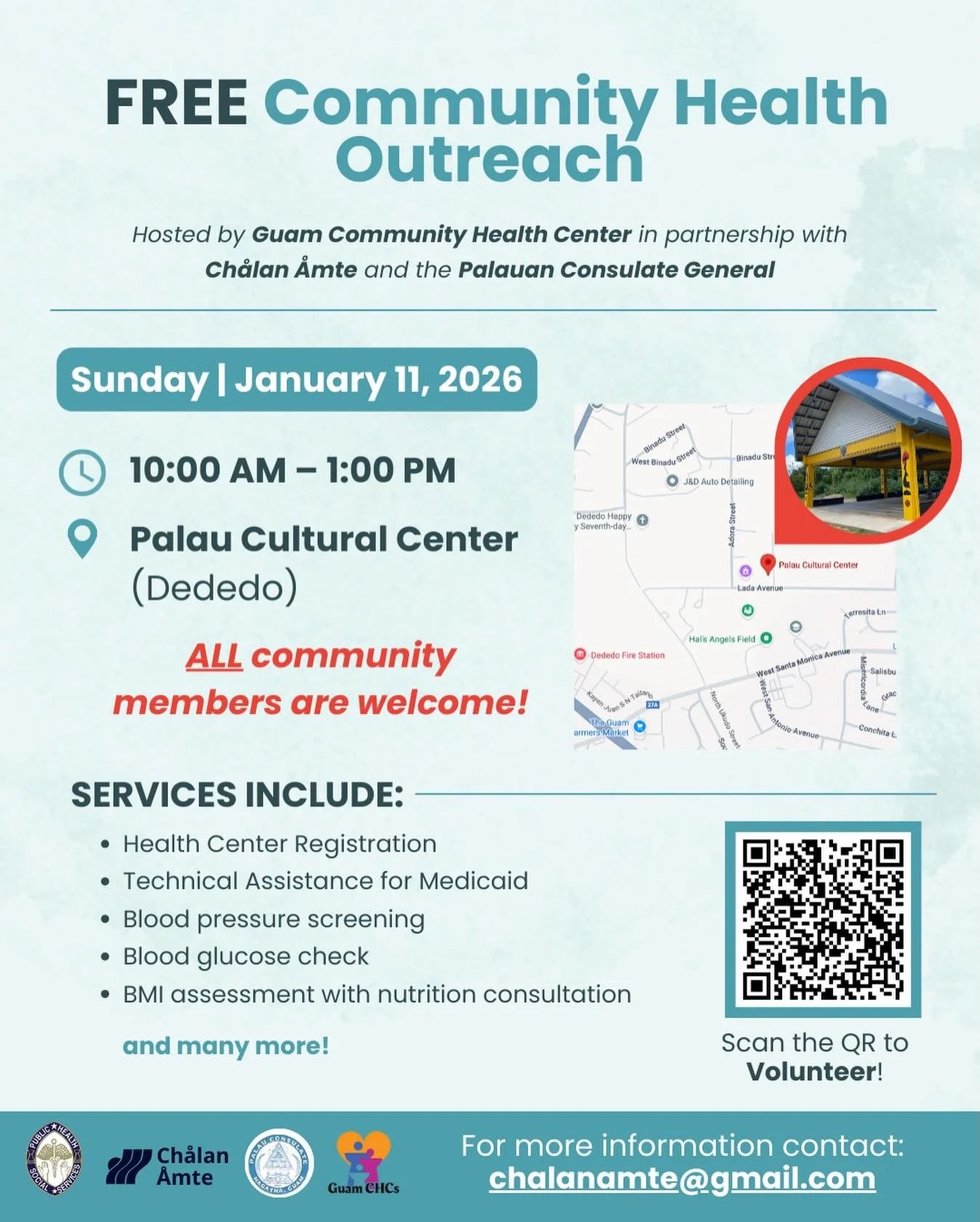 H&aring;fa Adai! Ch&aring;lan &Aring;mte is partnering with the Palauan Consulate General and the Guam Community Health Center for a free community health outreach in Dededo. 

🗓 Sunday, January 11 | ⏰ 10 AM&ndash;1 PM
📍 Palau Cultural Center

🩺 S
