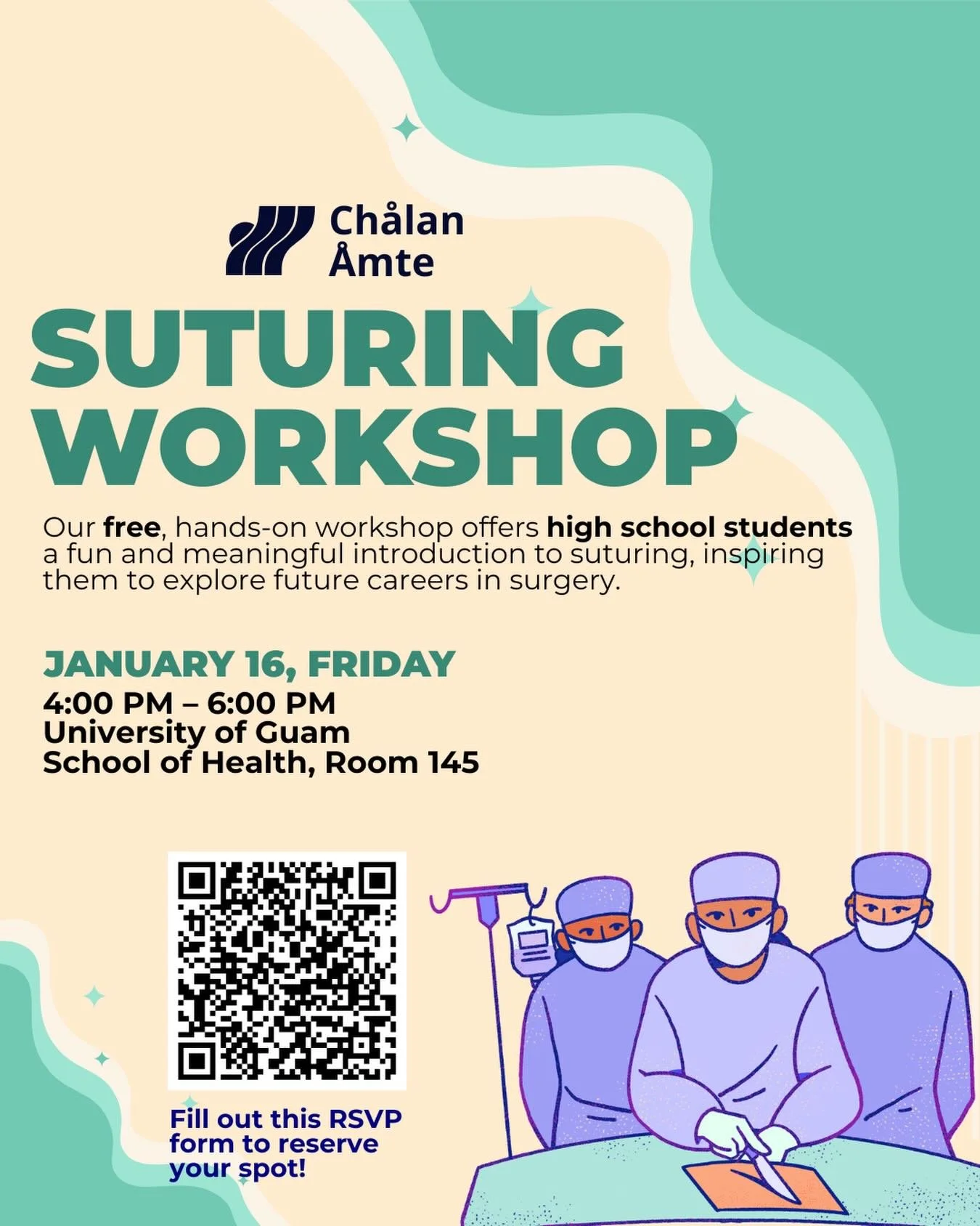 Join our free suturing workshop! 

If you&rsquo;re a high school student interested in surgery and the medical field, get hands-on experience and take your first step toward a future in medicine.

📍 Open to high school students

📝 RSVP using the QR