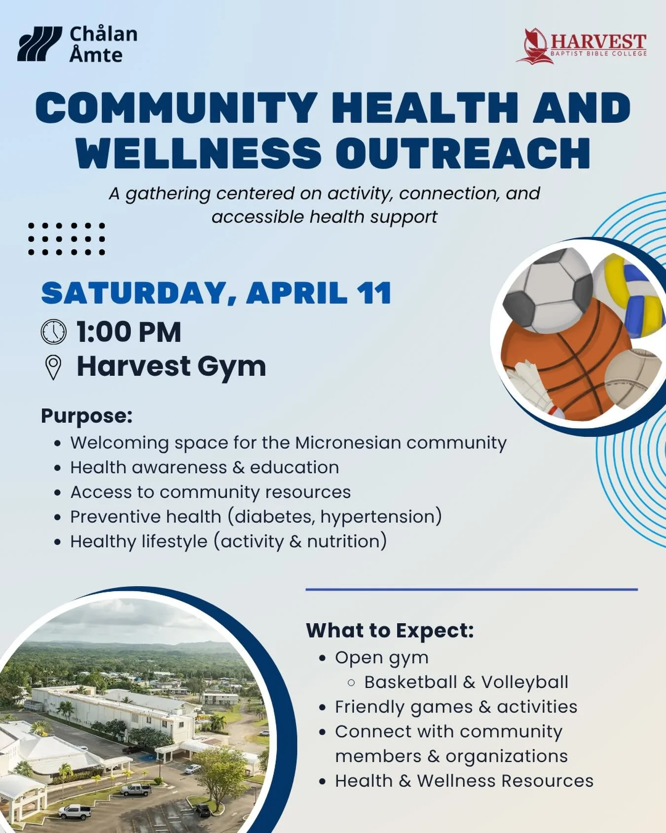 Join us on April 11 at Harvest Gym for a community health and wellness outreach hosted by Ch&aring;lan &Aring;mte in collaboration with @hbbcguam! 👥

🏝️ This event is all about creating a welcoming space for the Micronesian community to connect, st