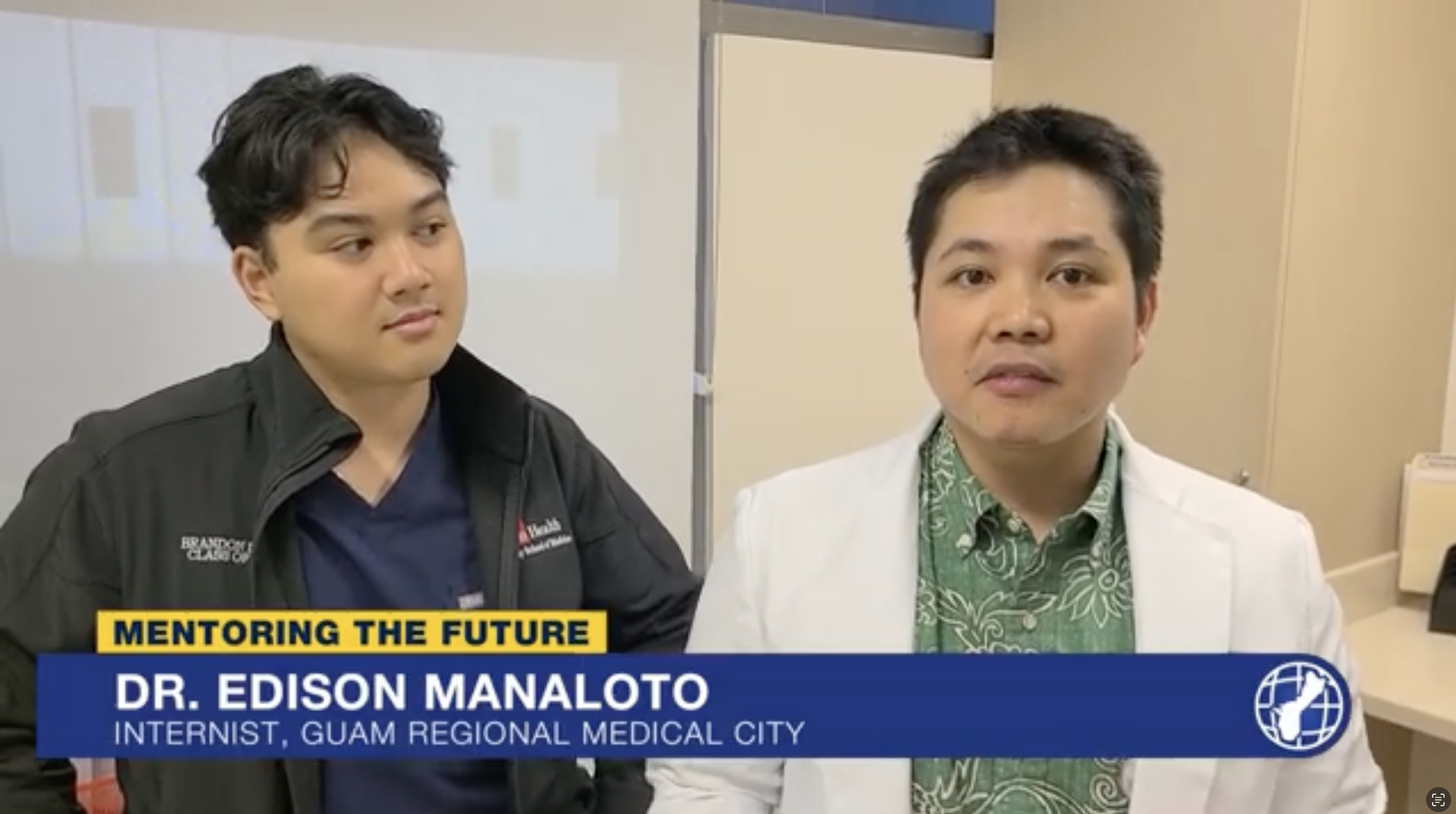 MS3 Brandon Lopez and Dr. Edison Manaloto, GRMC CMO, discuss GRMC x Chålan Åmte collaboration to bring island-raised medical students home for clinical rotations in a KUAM News interview.