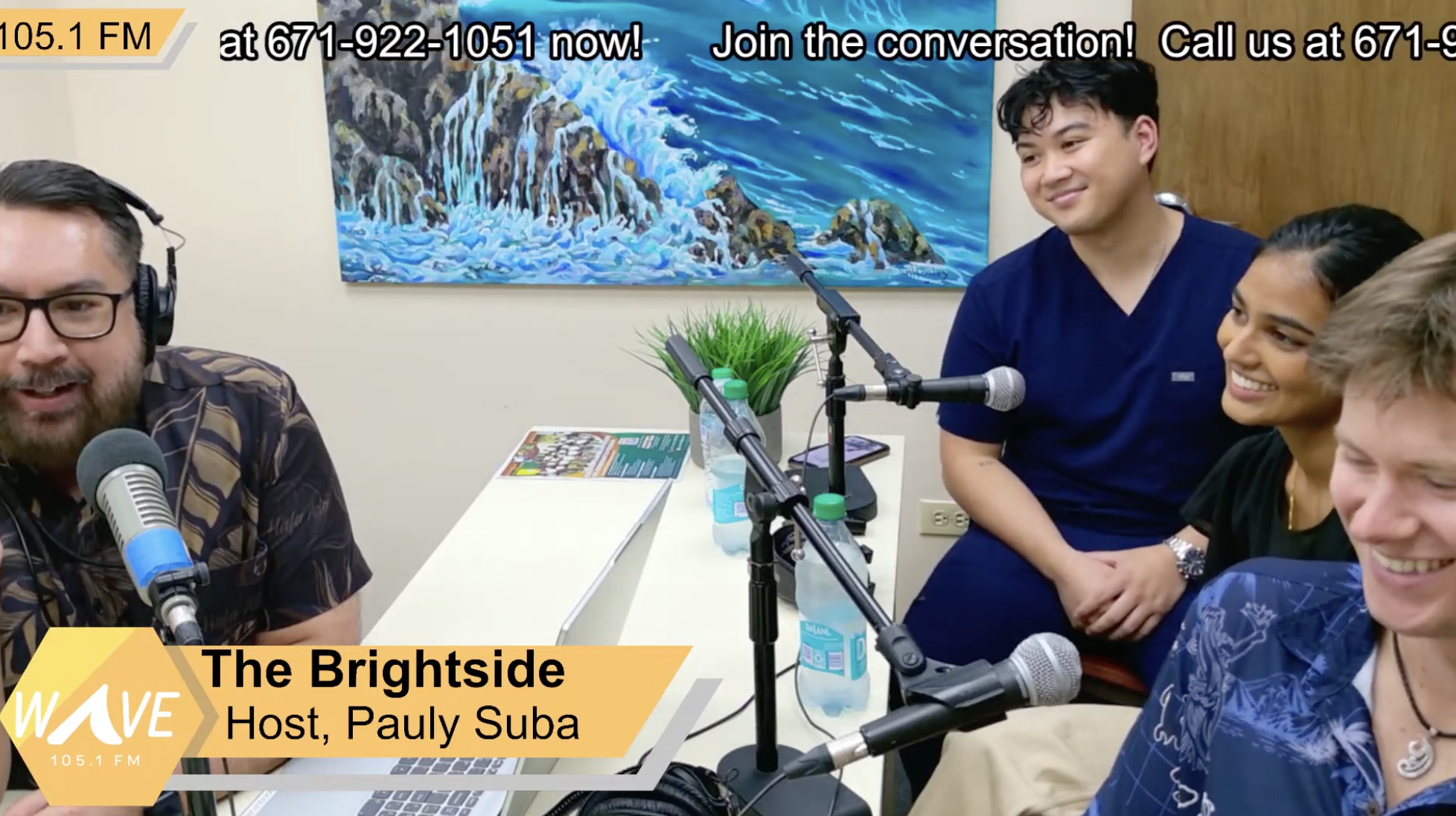 Brandon Lopez, Hunter Sidell, and Heera Kodiyamplakkal represent Chålan Åmte on local radio show, 105.1 FM's The Brightside with Pauly Suba