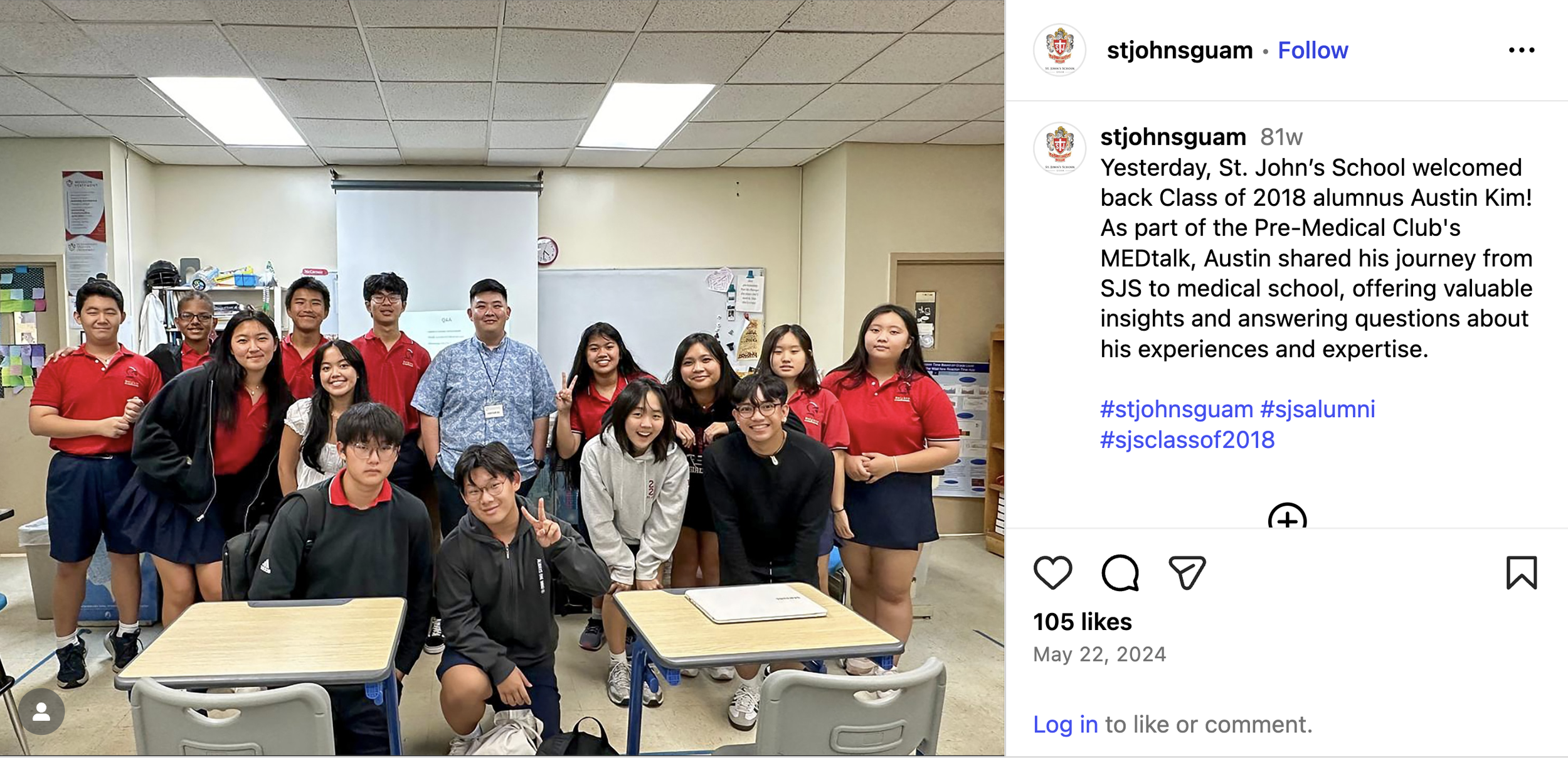 Austin Kim returns to his alma mater, St. John's School, to encourage students to consider medical careers.