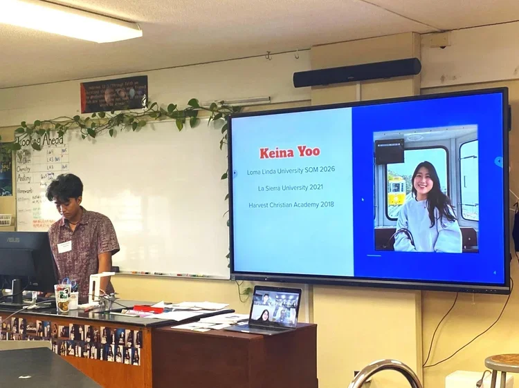 Nathan Paz and the highschool outreach team present to highschoolers at Harvest Christian Academy. “Leading Futures in Medicine is fulfilling because I get to give high schoolers the guidance I wish I had at their age, inspiring them to pursue health