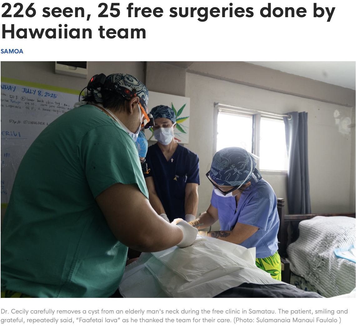 Member Ed Biala assists in surgical care in Samoa alongside mentor Dr. Cecily of JABSOM. Subsequently, Dr. Cecily graciously gave a talk to Chålan Åmte members about surgical care access in the Pacific.