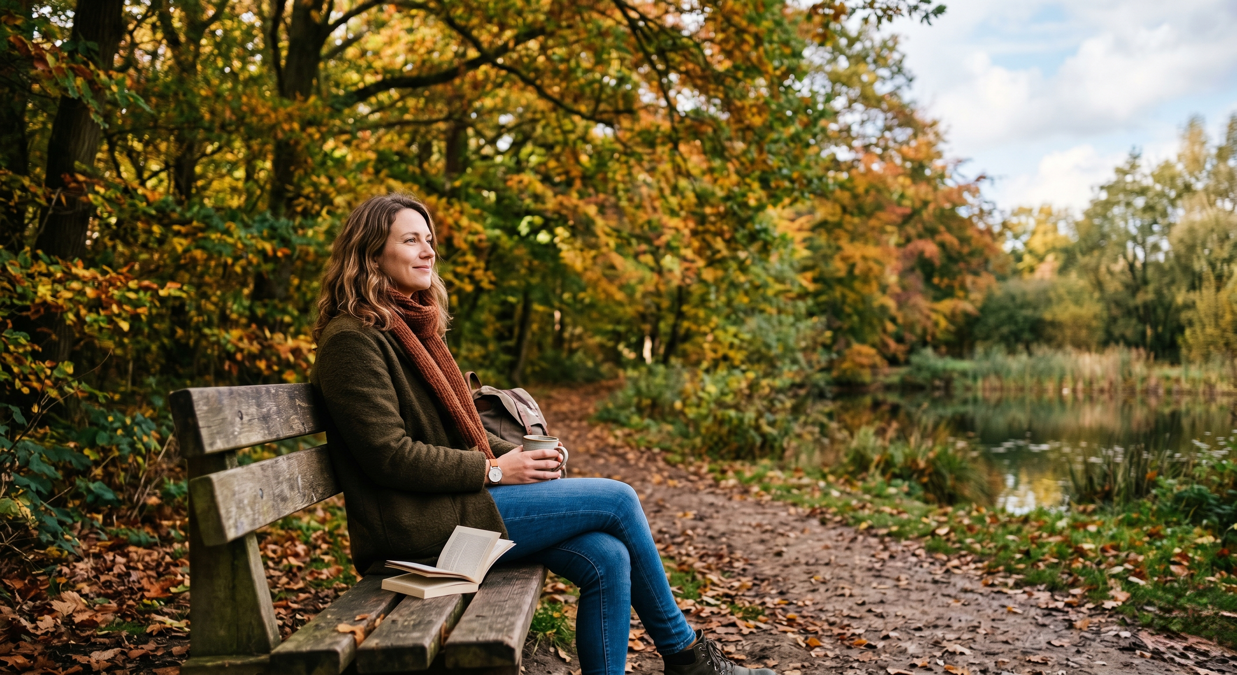 Woman on bench with book and coffee. Autumn scene by a lake.