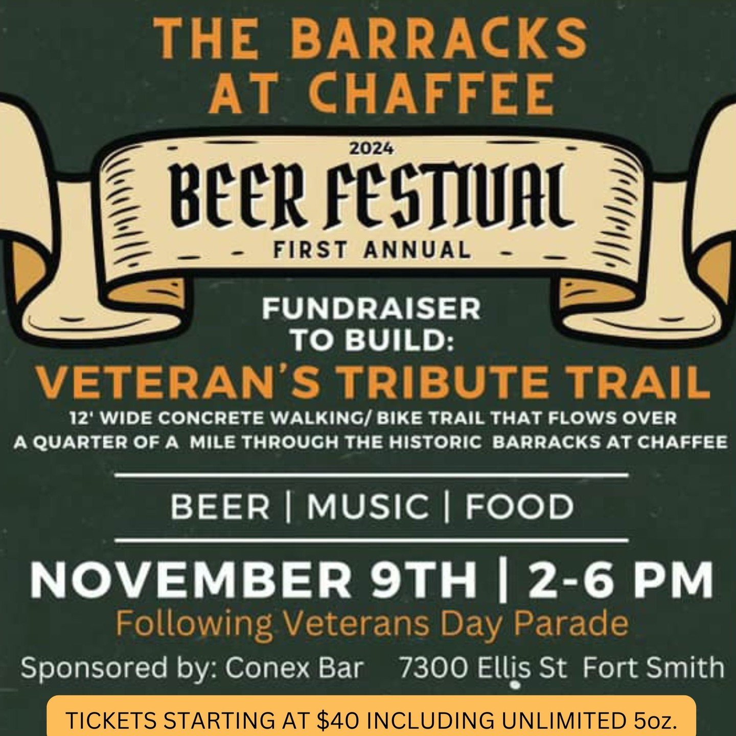 BEER FESTIVAL, Nov. 9th, 2024. Time: 2-6pm Beer Fest to Fund Veteran's Tribute Trail being built at The Barracks At Chaffee. #thebarracksatchaffee 7300 Ellis St Fort Smith, AR 72916 #fortsmith #conexbar #arkansas #beerfest