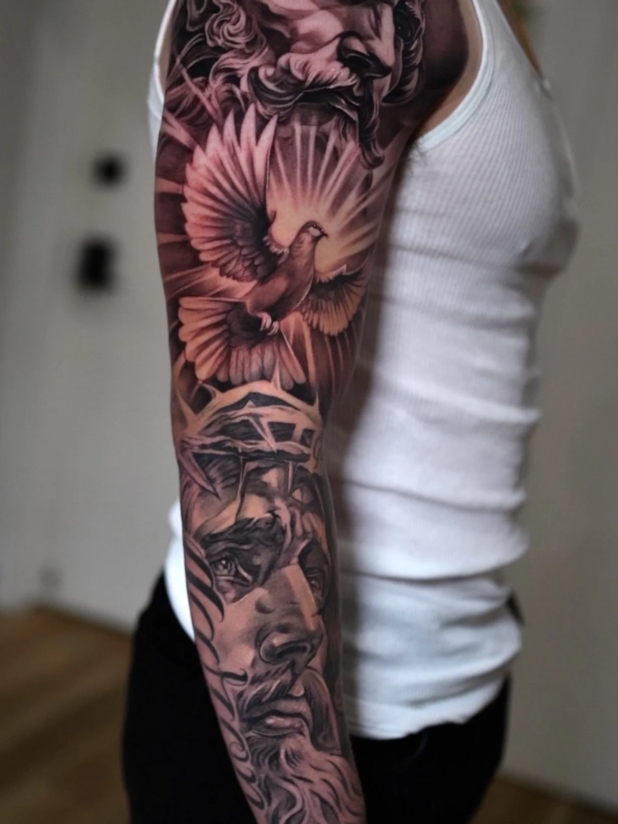 ✝️ HOLY TRINITY.  FATHER / SON / HOLY SPIRIT
OUTER SLEEVE
Done @heartofbrasstattoo 
Using @bishoprotary @empireinks @papatattoosupply @papa_cartridges @saniderm  @ghostlineapp 

#holy #father #son #holyspirit #tattoo #artist #black #grey #tattoos #re