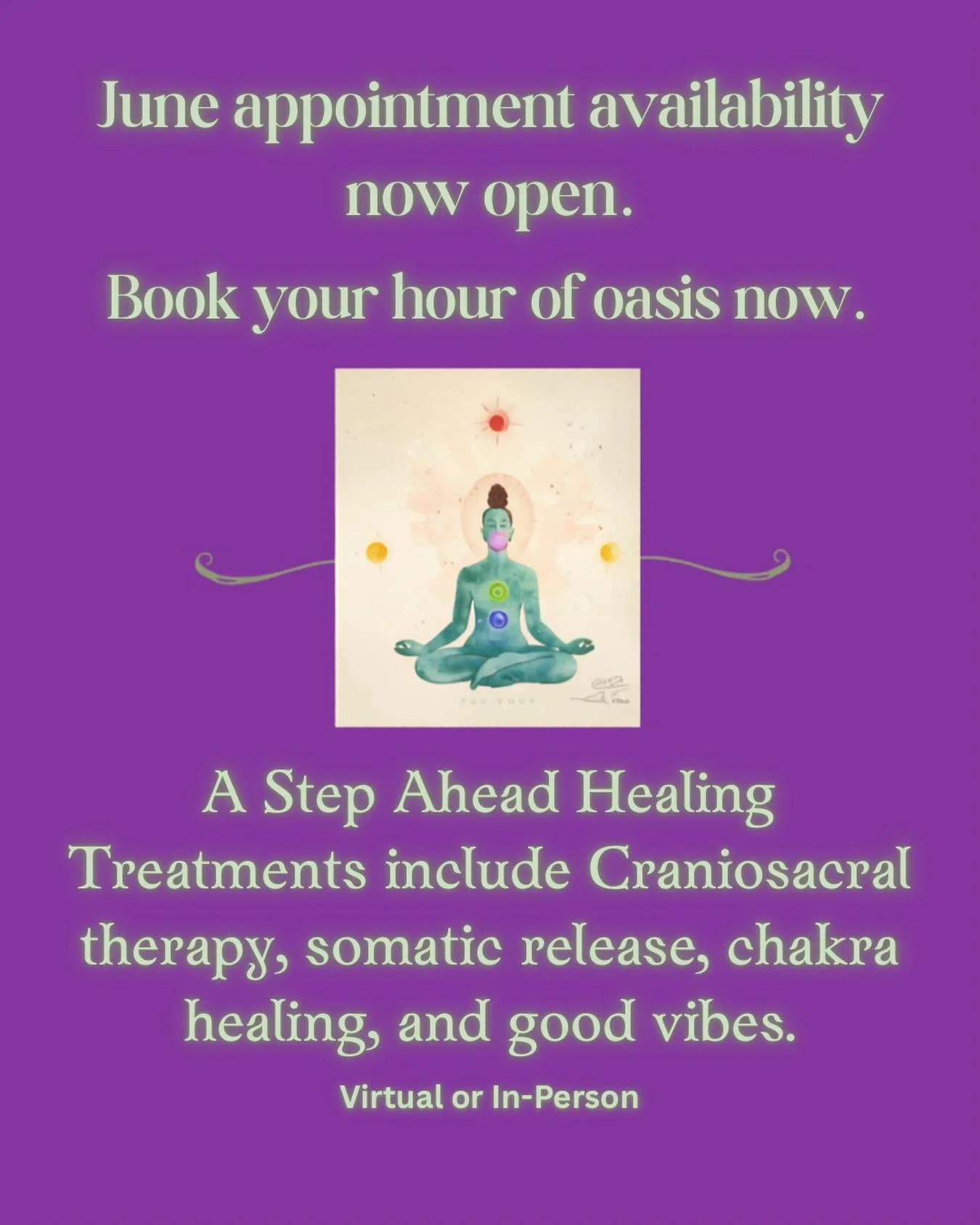 Book your June appointments now. Don&rsquo;t see a time that works? Message me. I might have some flexibility that works for both of us!  Click link in bio to book your appt. Now!! #astepaheadhealing #craniosacraltherapy #goodvibes
