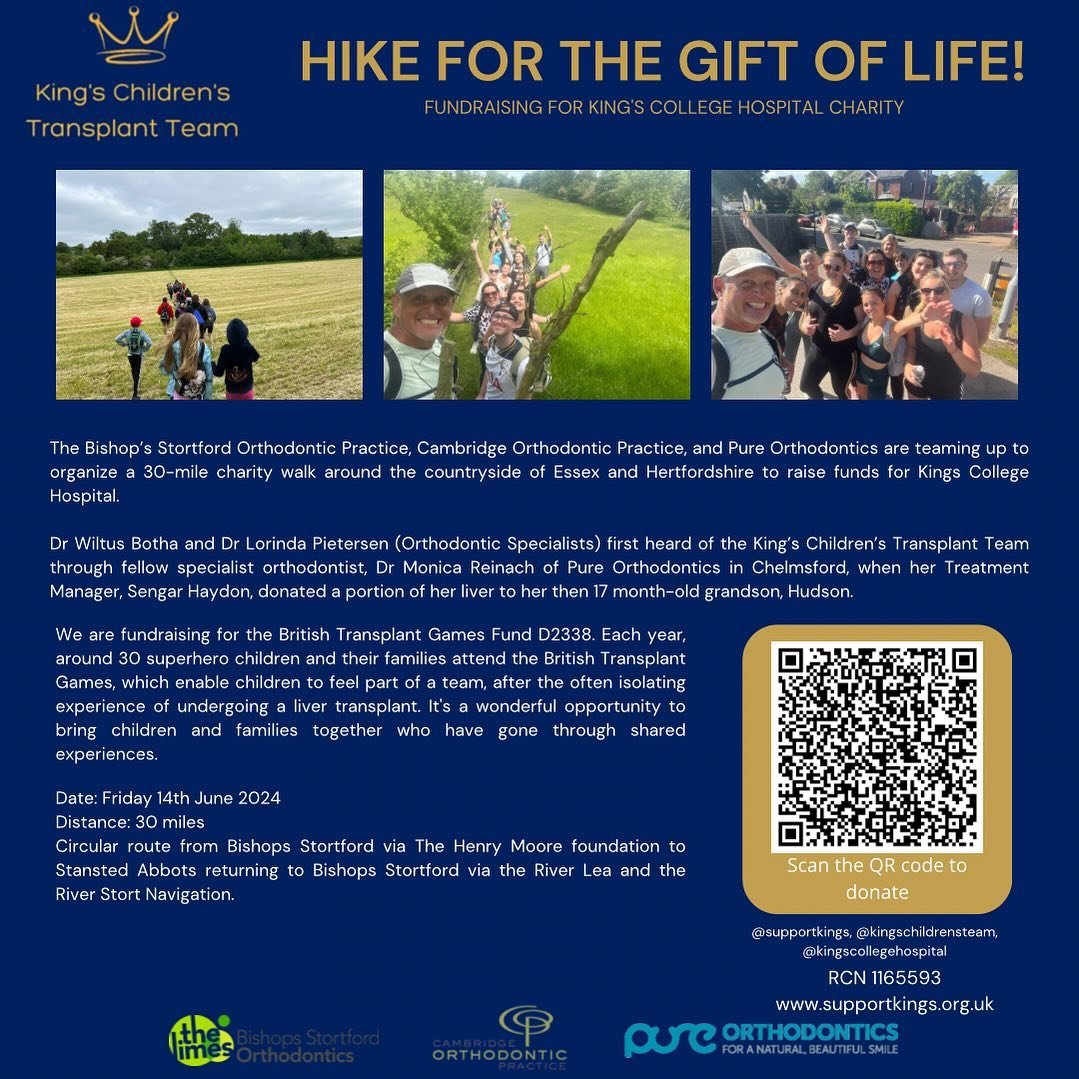 April 19th - World Liver Day 🩵

The Bishop&rsquo;s Stortford Orthodontic Practice, Cambridge Orthodontic Practice, and Pure Orthodontics are teaming up to organize a 30-mile charity walk around the countryside of Essex and Hertfordshire to raise fun