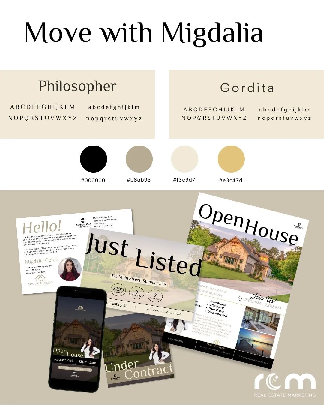 ✨ Clean. Warm. Unmistakably Migdalia.

The Move with Migdalia rebrand blends soft neutrals, elevated typefaces, and approachable elegance&mdash;perfectly aligned with her calm confidence and client-first presence.

This full suite included:
🏡 Custom