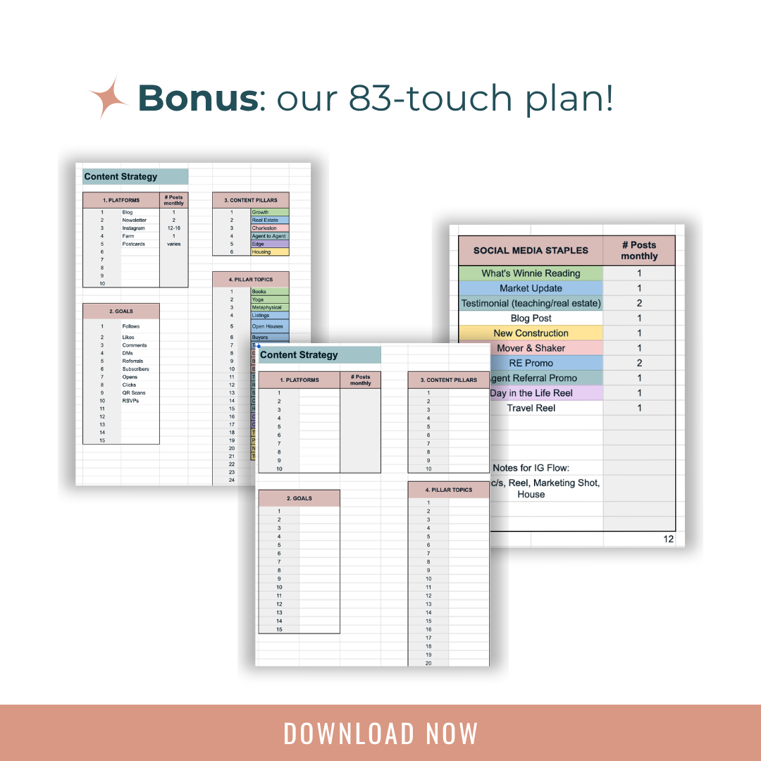 REM's Content Strategy Organizer — a worksheet for real estate agents to map content pillars, platforms, and goals, with an 83-touchpoint marketing plan example included