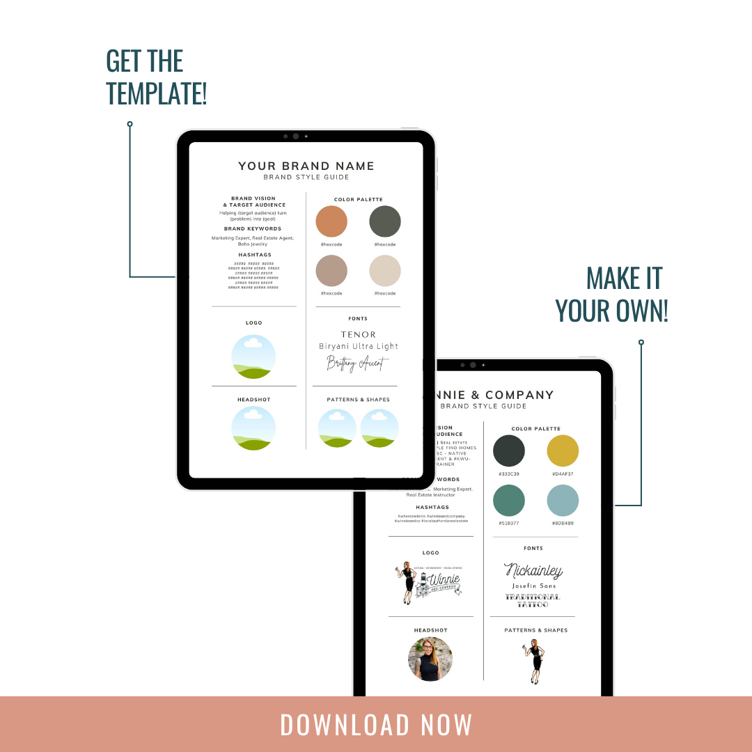 REM's Brand Style Guide — a one-page worksheet for real estate agents to define their colors, fonts, logo, headshot, unique value proposition, and primary keywords