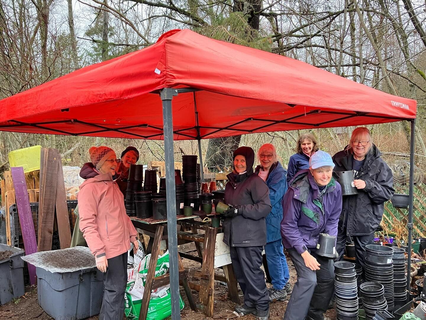 #springplantsale alert &amp; #soitbegins !  Cleaning up the plant yard &amp; setting up the potting station &amp; our #volunteers are happily doing it in the rain! Our #plantsale is nearly 2 months away &amp; it is the wet coast after all. Stay tuned