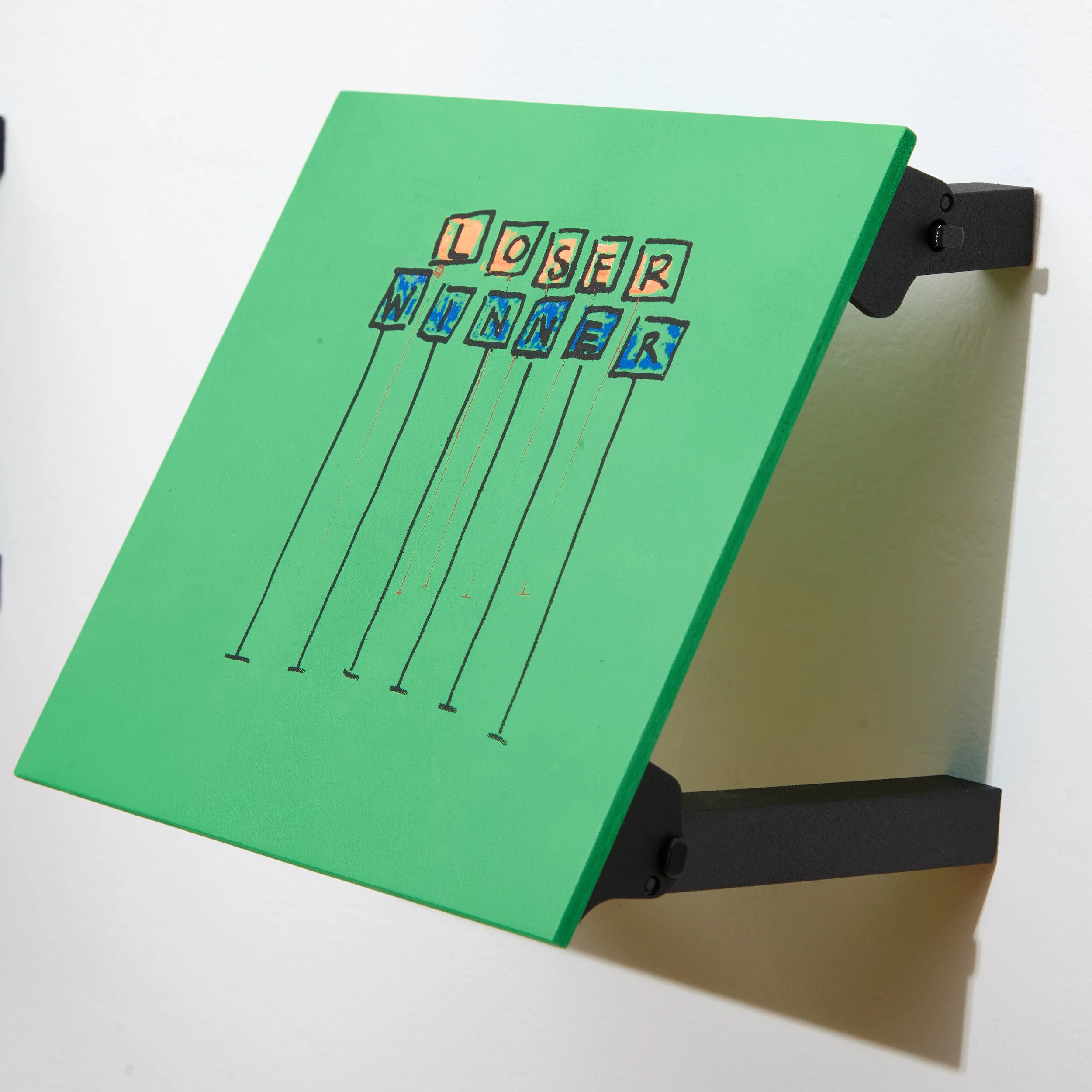 Loser/Winner 2023, Acrylic & silkscreen on board, 3-D printed legs