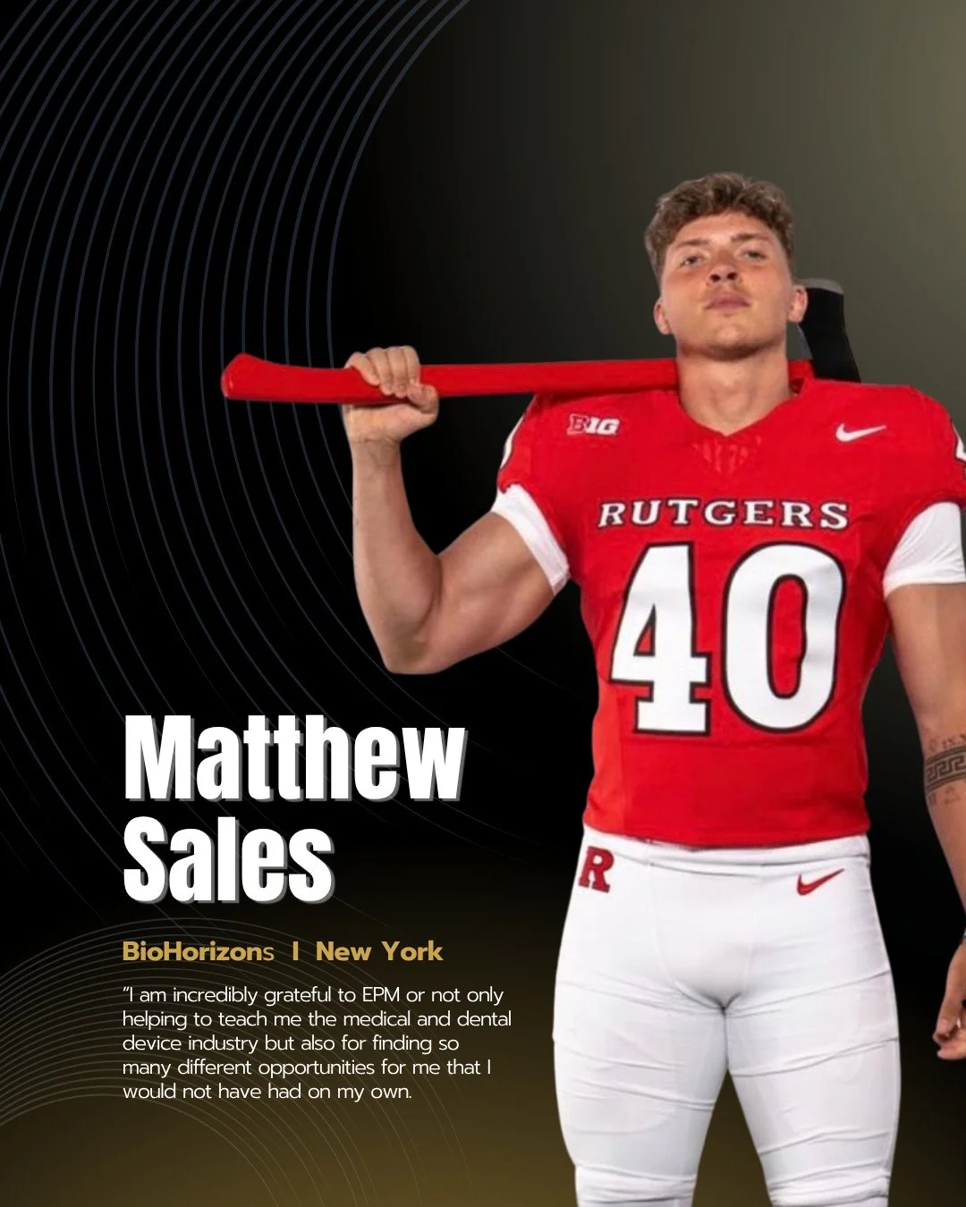 Another Elite Athlete Placement! ⁠
⁠
Congratulations to Matthew Sales on accepting a new position with BioHorizons in the New York City territory, where he&rsquo;ll be joining fellow EPM alum Annie Walsh!⁠
⁠
A former Division I sprinter at Monmouth U