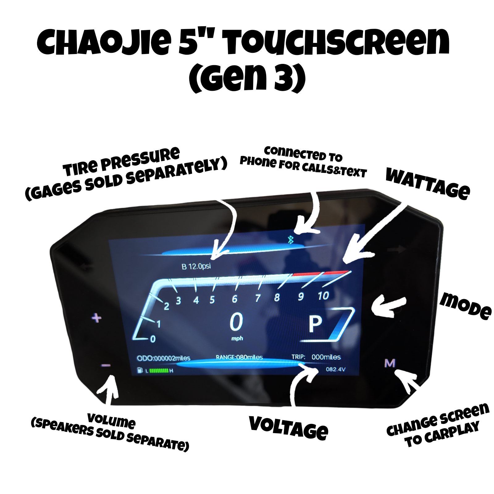 chaojie Gen 3 dash screen Apple Carplay Razor Mototech Tuttio, Ebox, fardriver display