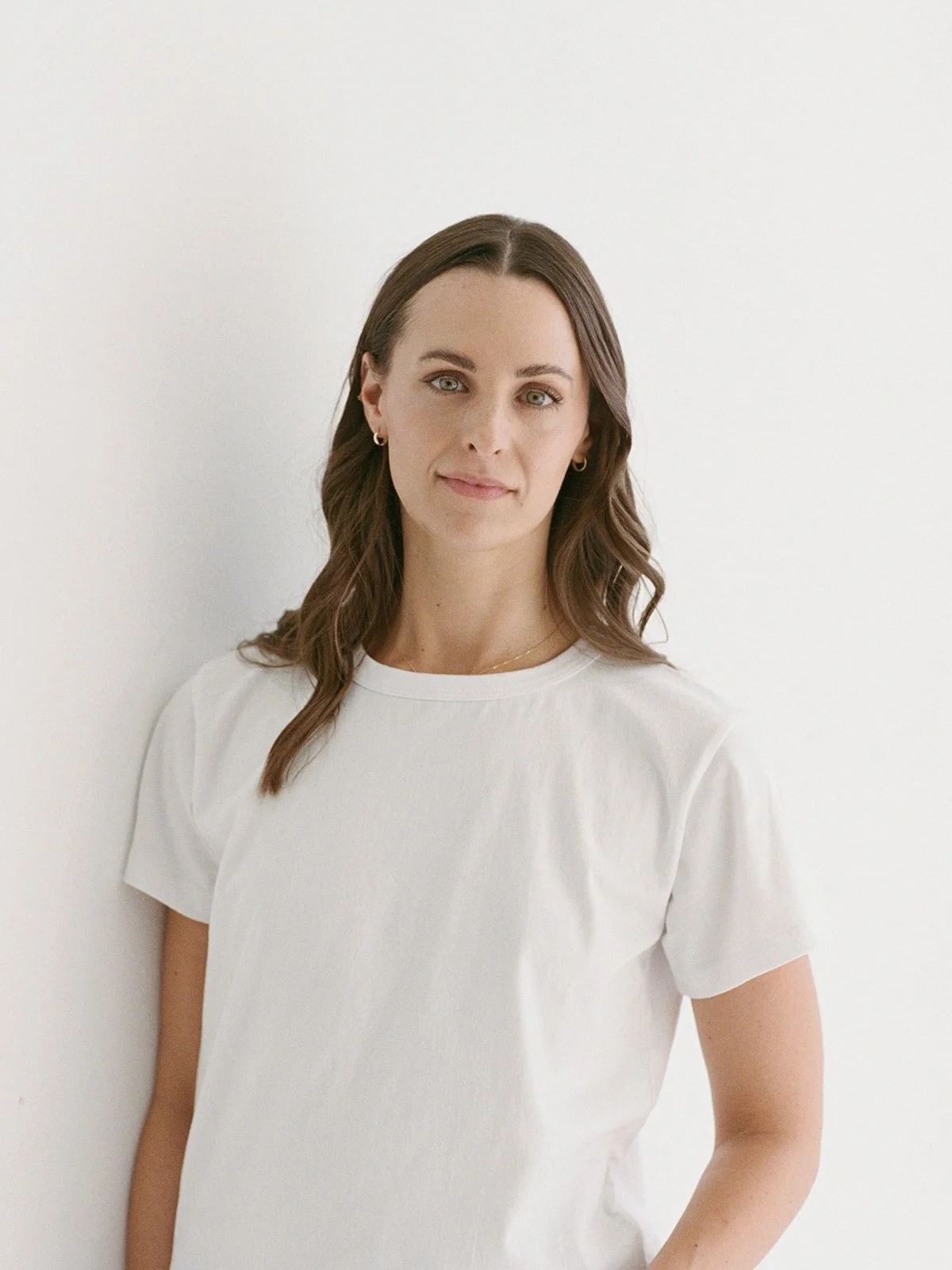 Close up film headshot against a neutral white backdrop for a Chicago branding session