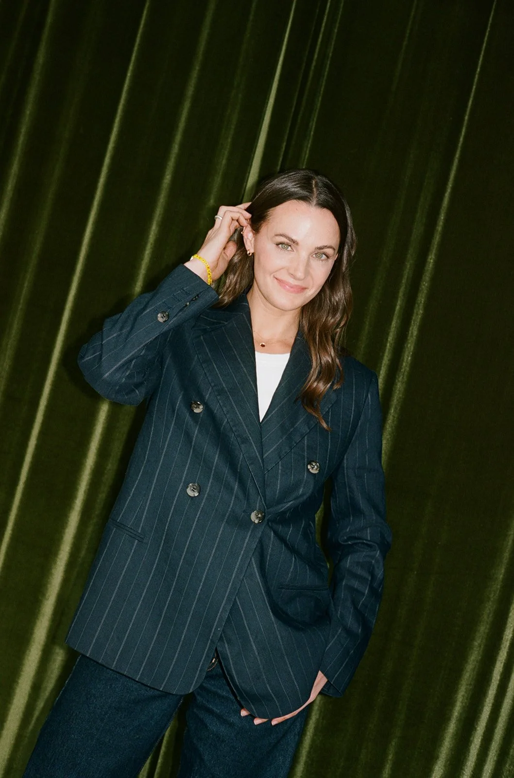 004-maura-chicago-film-branding-photographer-pinstripe-blazer-green-velvet-curtain-portrait.jpg