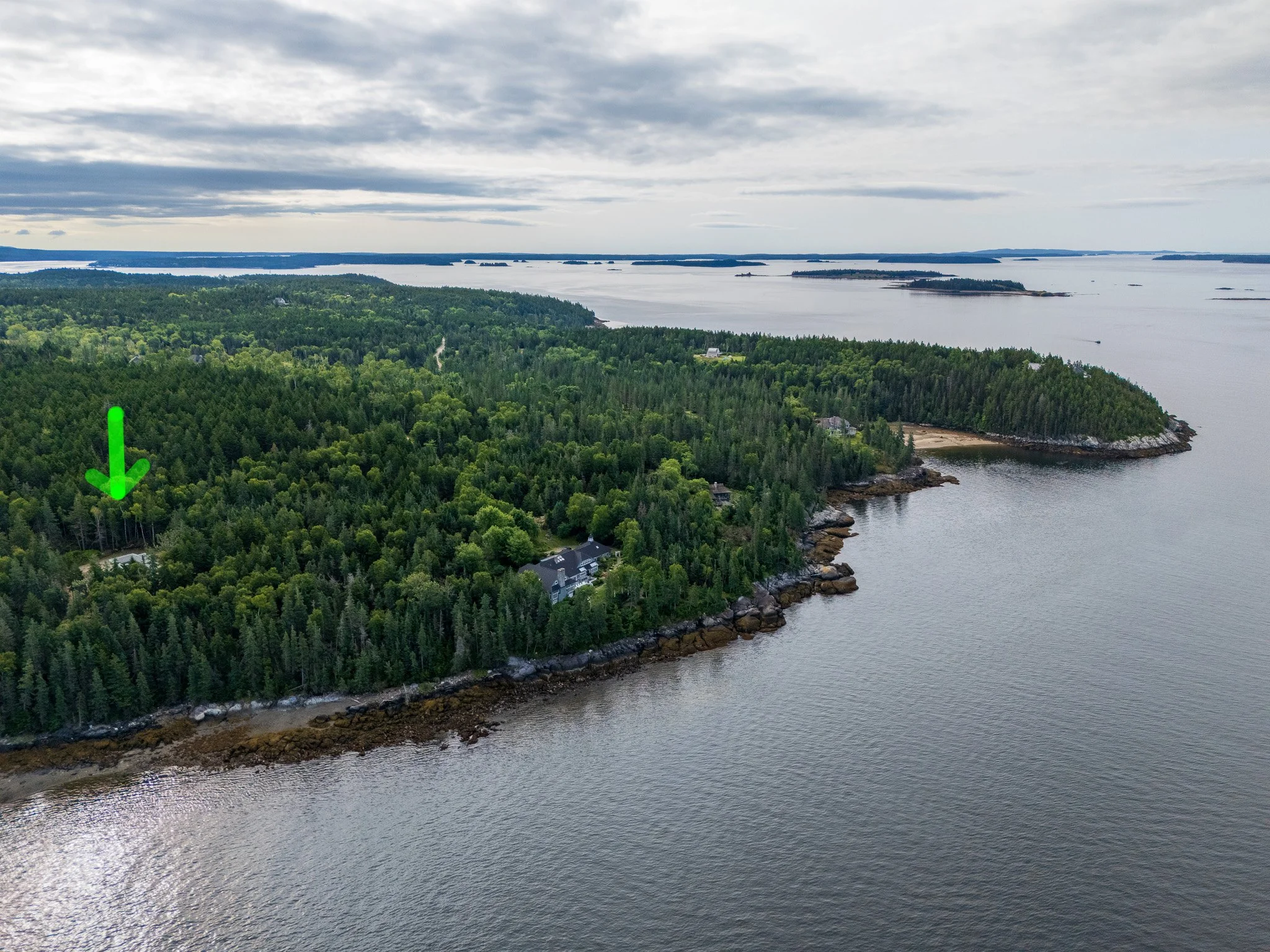 Aerial view of a coastline with dense green forest, a few buildings, and rocky shore, under a cloudy sky.