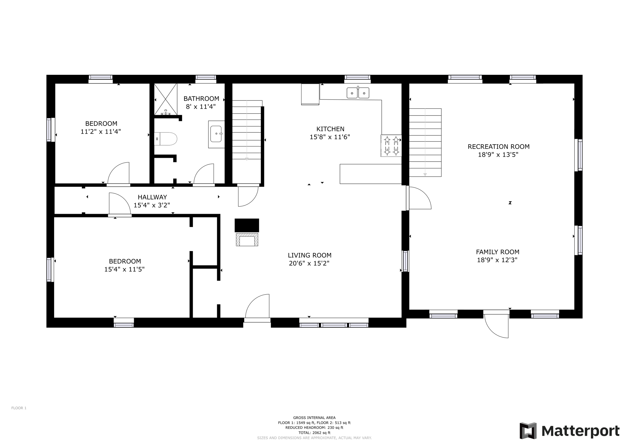 Floor plan of a house with two bedrooms, a bathroom, a hallway, a living room, a kitchen, a recreation room, and a family room.