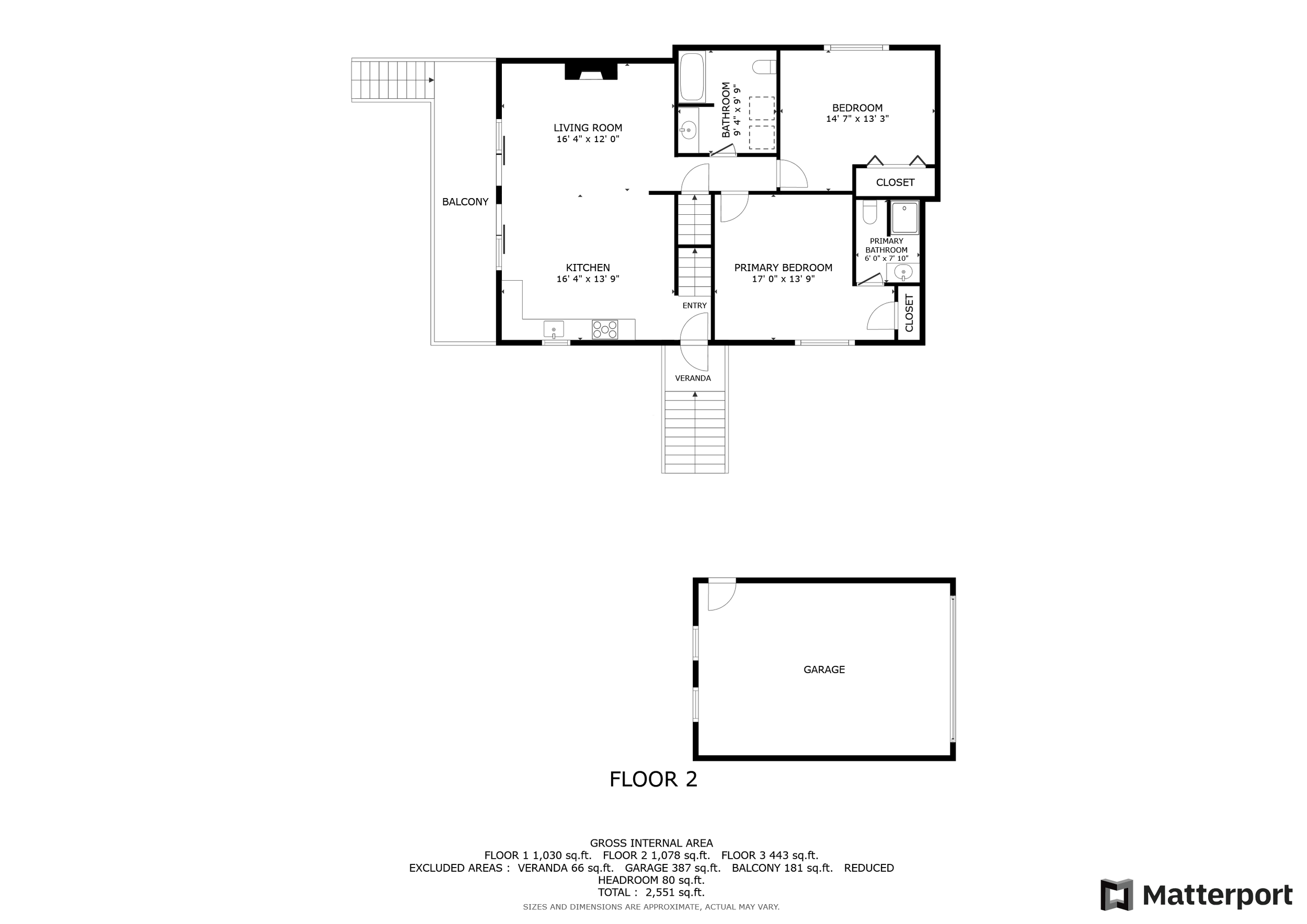 Floor plan of a two-story house showing a living room, kitchen, primary bedroom and bathroom, additional bedroom, closets, veranda, balcony, stairway, and a detached garage.