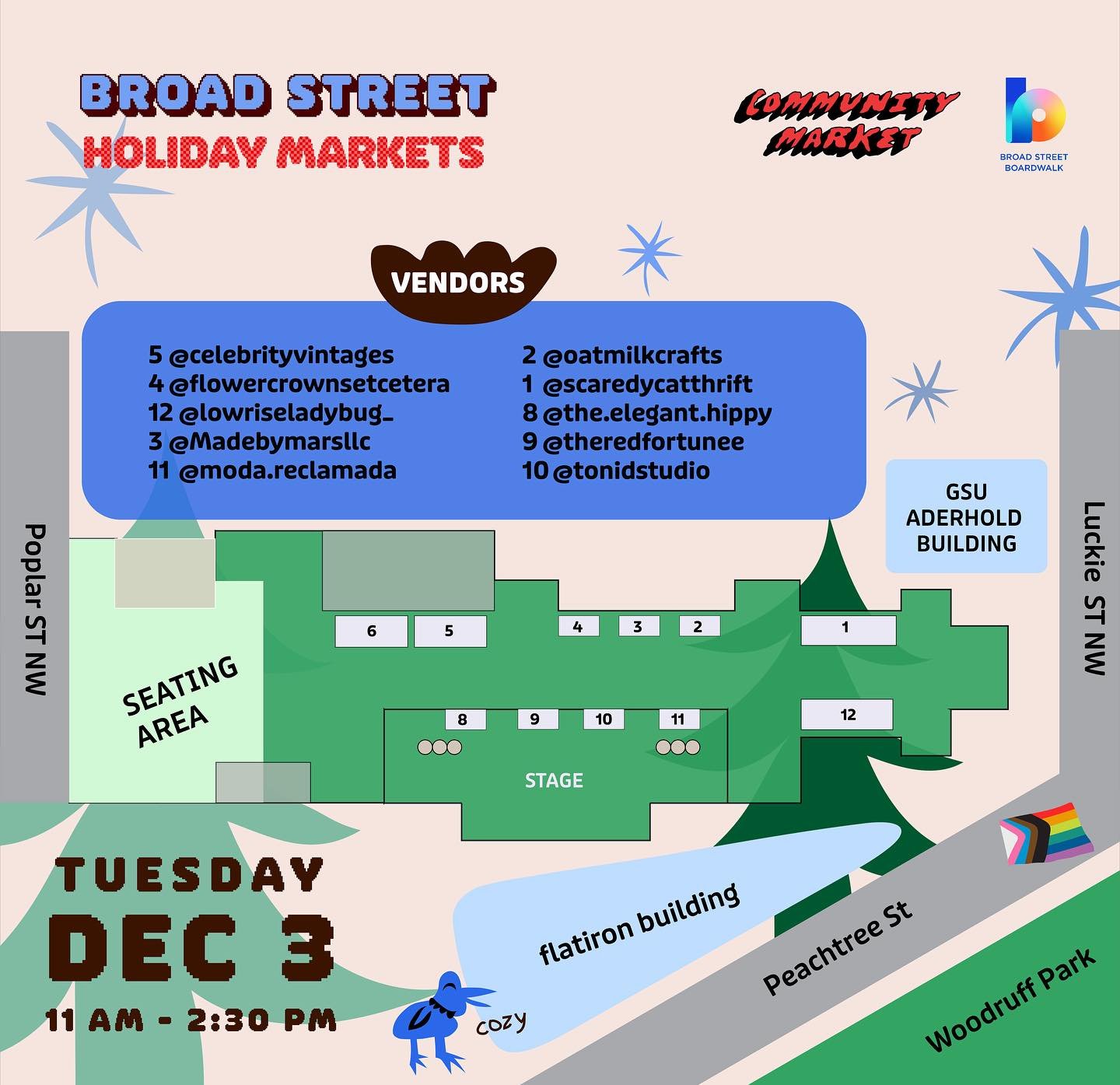 Our first event of the week!!!!
Go support this mighty cheery group of vendors!!!
Today 12/3 downtown At the 
Broad st boardwalk &lt;&mdash;- you can put that right into Google maps!
ADA accessible market
5 blocks from five points Marta station

VEND