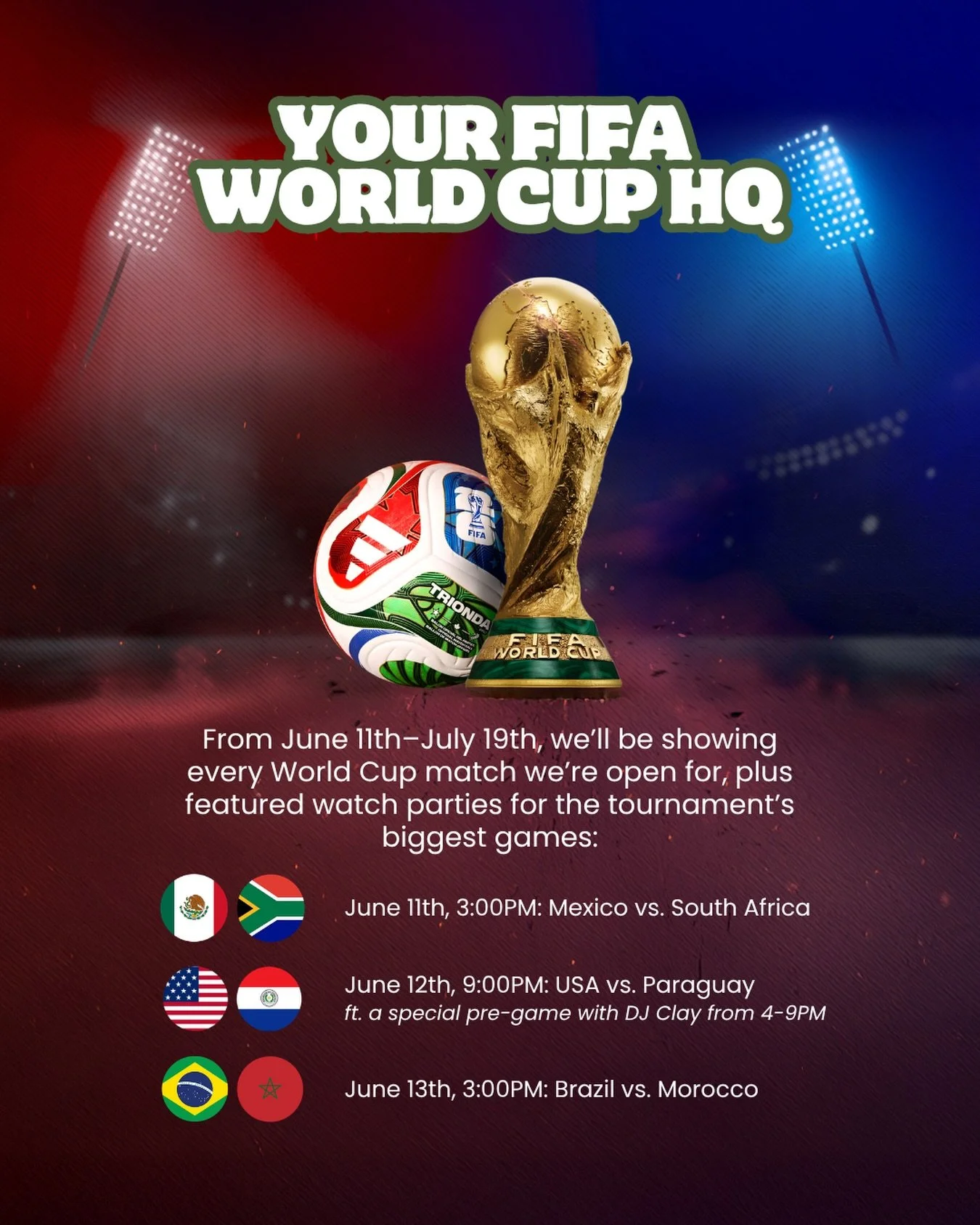 THE COUNTDOWN IS ON 🏆⚽️

From June 11-July 19, The Clubhouse is your World Cup HQ! What could be better than the world&rsquo;s biggest tournament on Westport&rsquo;s biggest screen?! 

See you there 😎 Drop your team&rsquo;s flag below! 👇