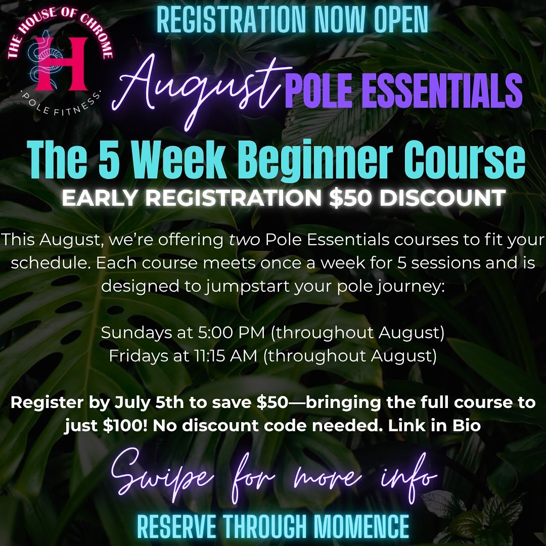 Our July Pole Essentials course is SOLD OUT but don&rsquo;t worry, August just went LIVE and it&rsquo;s on SALE
Register by 7/5 and get the full 5-week beginner series for just $100

This course includes five 60-minute classes, meeting weekly at the 