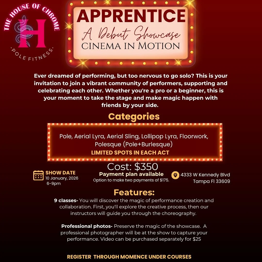 Sign ups for Apprentice: A Debut Showcase are LIVE + LIMITED
This year’s theme is Cinema in Motion 🎬 each group will bring a different movie to life.
Enrollment is open now through November 1st. Step into the new year with confidence and cre